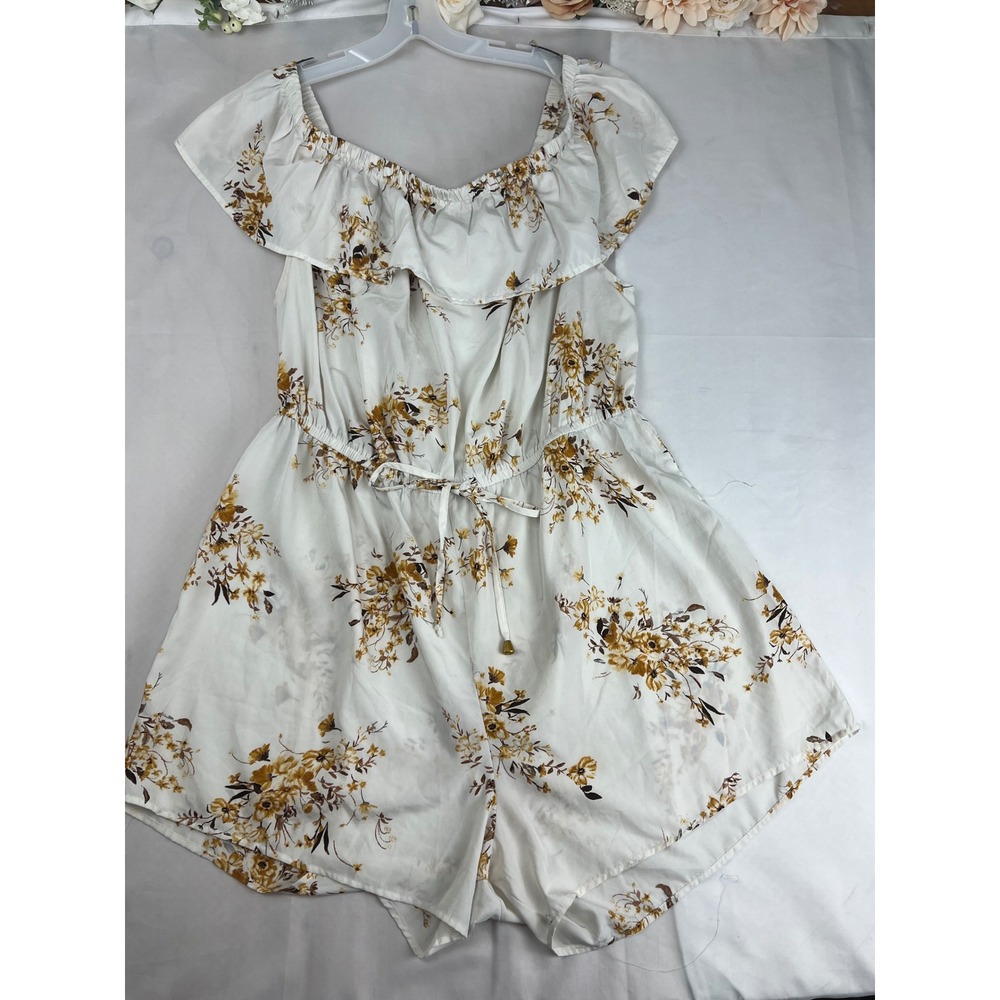 Blush Off‎ The Shoulder Floral Romper White Mustard Yellow Plus Size 3X